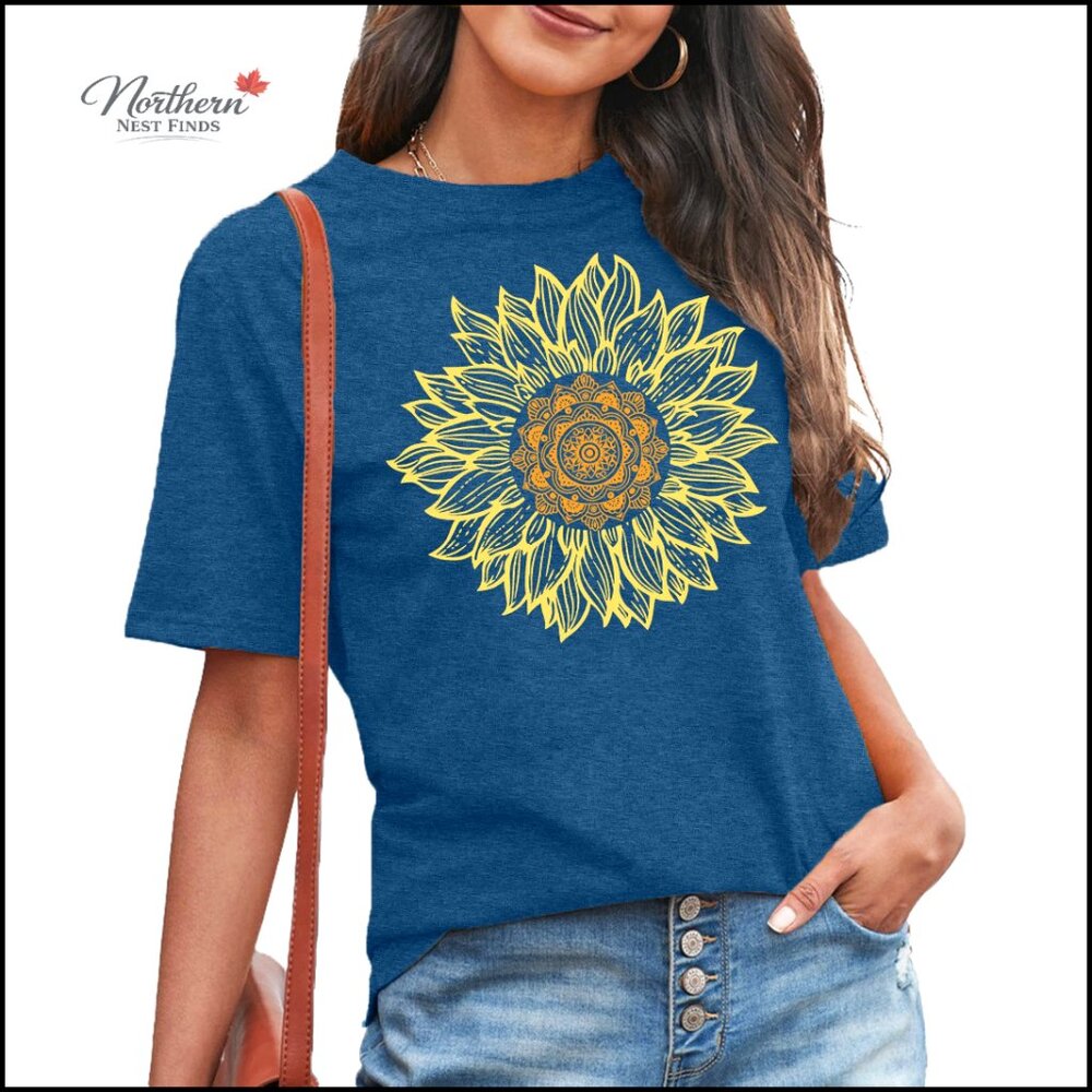 Cotton Blend Graphic T-Shirt with Floral Print, Crew Neck, Short Sleeve